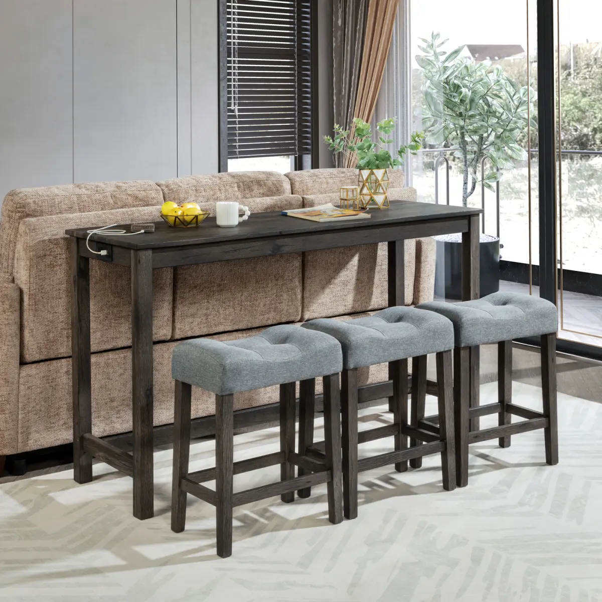 Dark Gray + Bar Table Set with 3 Chairs