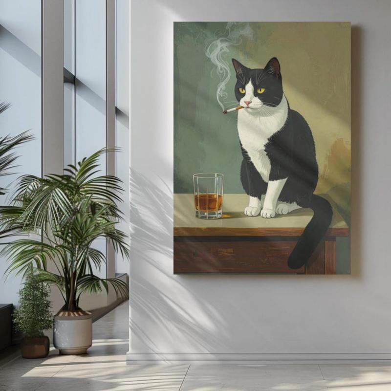 Moody Tuxedo Cat Oil Painting Style Print, Funny Tuxedo Cat Drinking Whiskey Poster, Tuxedo Cat Smoking, Dark Humor Wall Art Poster