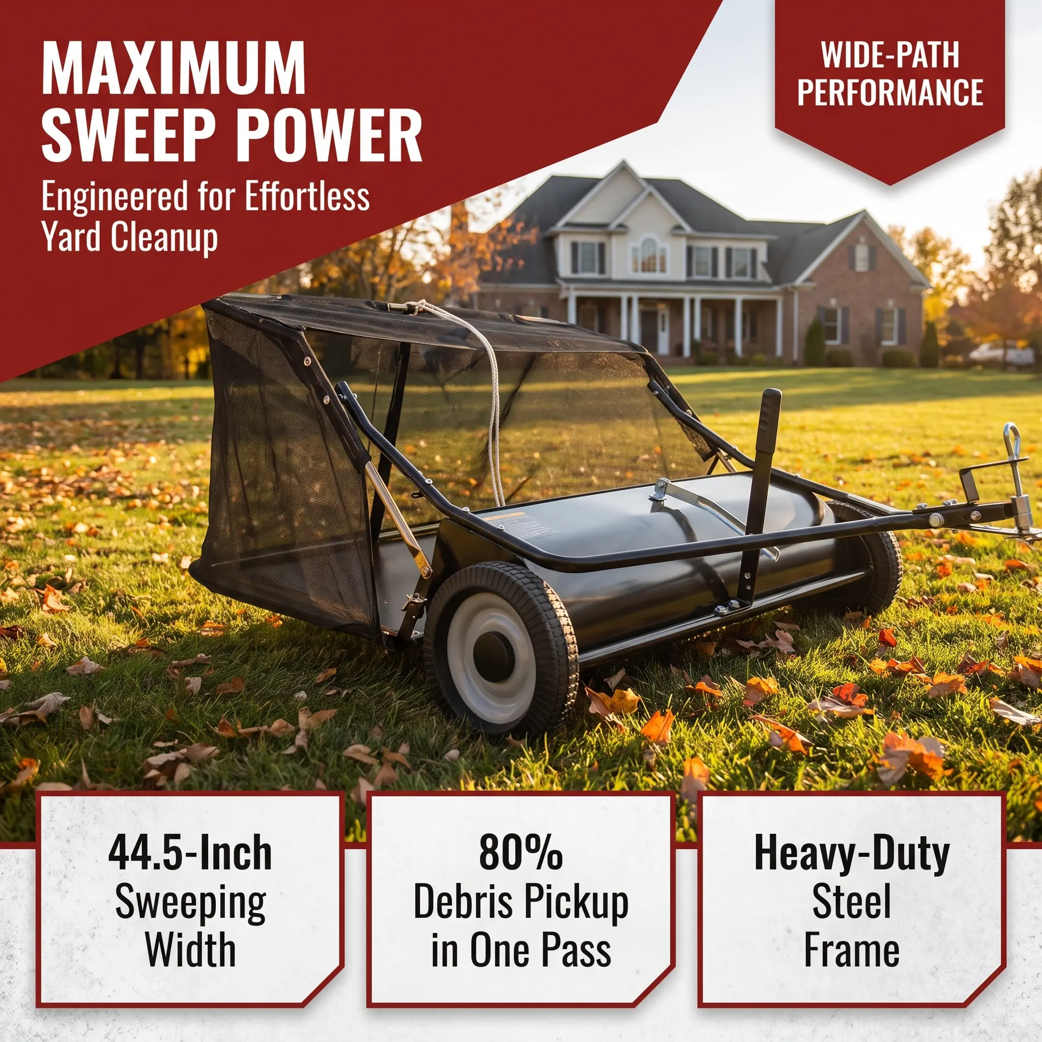 【GARVEE】Tow-Behind Lawn Sweeper with Large Capacity, Heavy-Duty Design, Adjustable Sweeping Height, and Convenient Dumping Rope for Efficient Leaf and Grass Collection,Multiple styles