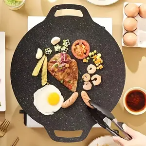 Korean BBQ griddle pan for home and restaurant use. Advanced heat conduction for even heating, non-stick and durable, compatible with multiple stovetops. Ergonomic handle for easier cooking. Bestselling model.