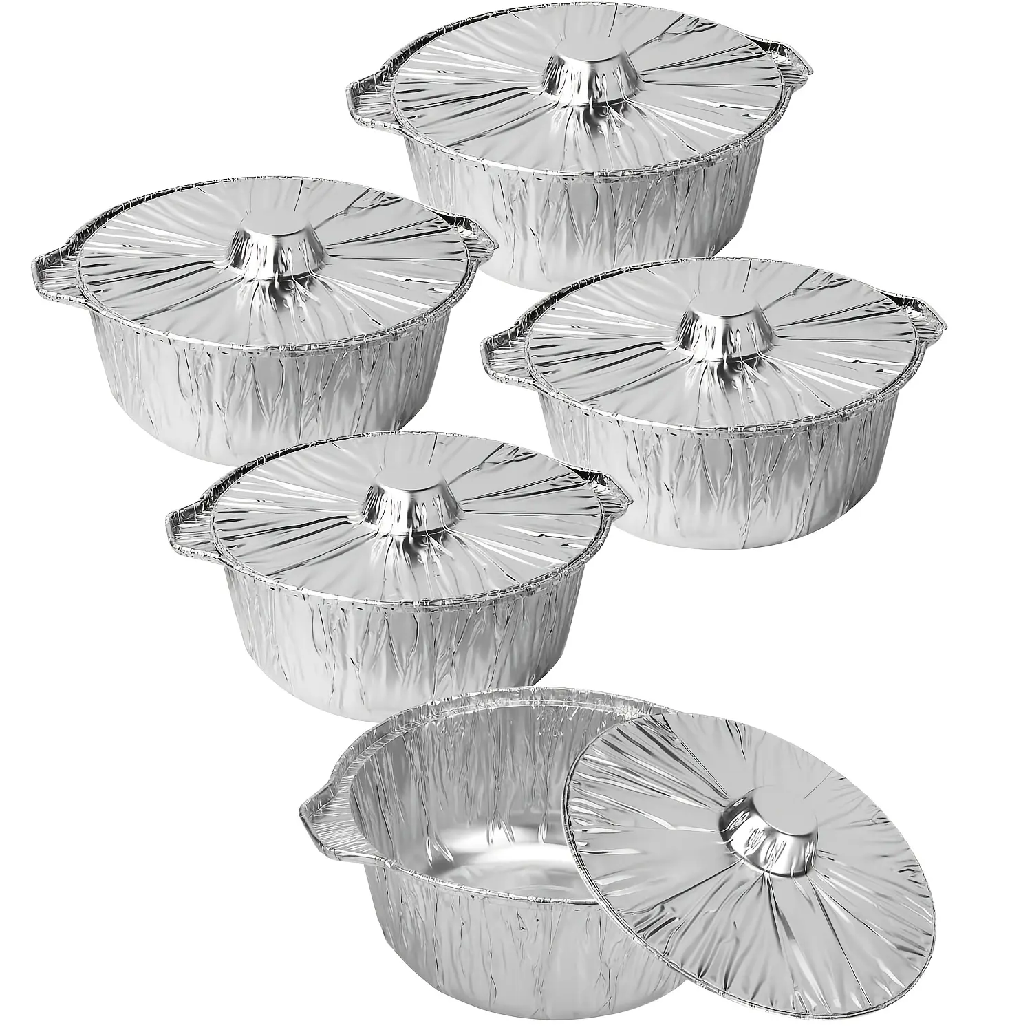 5-Pack Disposable Aluminium Cookware - 13.3" x 4.8" Round Foil Pans with Covers, 190oz Portable Disposable Pans for Outdoor Camping, Party Use (Cooking, Baking, Heating)