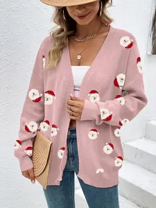 Women's Long Knitted Cardigan with Christmas Santa Claus Pattern, Long Sleeve, Autumn Winter Fashion, Casual Style, Ladies Sweater Coat
