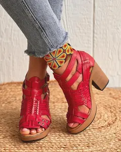 Mexican style Boho Hippie High heel leather shoe Artesanias Camila Red heels