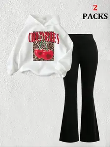 Women's Leopard Print Cherry Pattern Warm Sweatshirt + Slim Comfortable Flare Pants Set, Casual Fall Winter, 2 Piece Set
