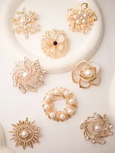 8 Pcs Luxury Pearl Rhinestone Brooches, Anti-Strap Slippage Neckline Clip, Elegant Alloy Flower Sun Design, Perfect for Office & Parties