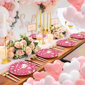 A 90-piece pink heart-shaped Valentine's Day-themed party disposable paper plate, tissue paper and cup set, romantic atmosphere decoration for the venue, outdoor camping wedding banquet, and party decoration tableware Party Supplies
