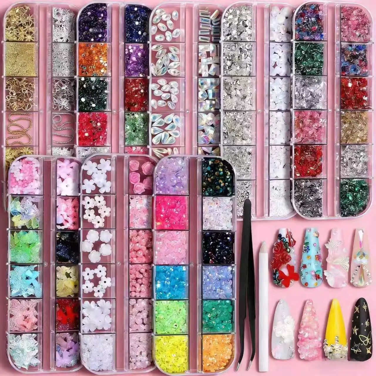 Nail Rhinestones & Charms Kit - 8 Boxes 3D Flatback Gems Colorful Multi-Shape Pearls Y2K Style Nail Decor Reusable Jewels for Nails & DIY Crafts