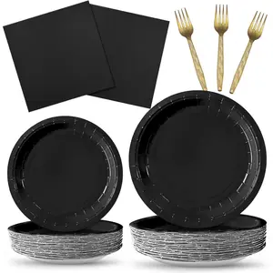 ZVK Black Paper Plates Dinnerware Set 200 Pieces Party Dessert Plates, Dinner Plates, Napkins with Forks Disposable