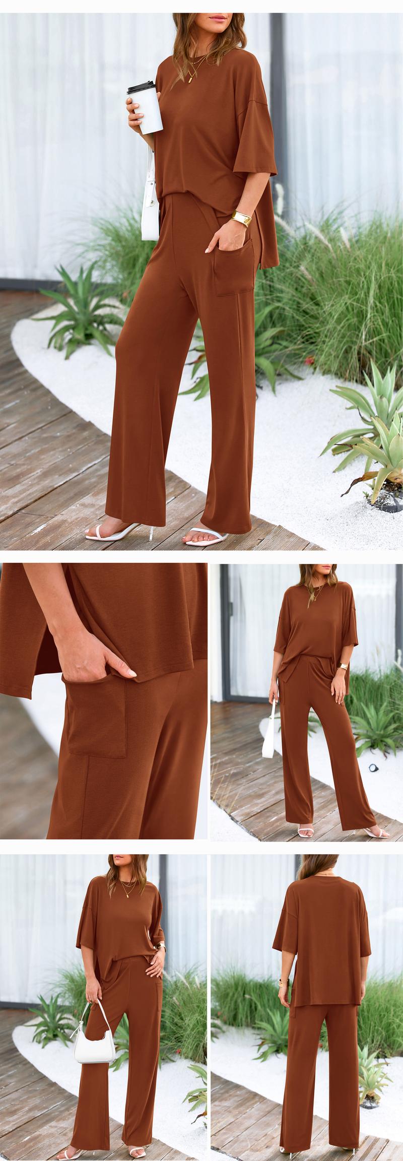 PrettyGarden Women's 2-Piece Outfits Short Sleeve Pullover Tops Split Hem Wide Leg Pants Lounge Sets, Comfy Pjs, Soft Suits-Womenswear