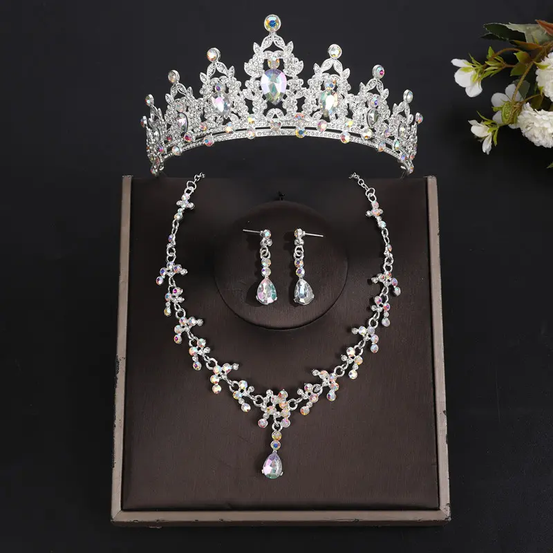 Silver AB Crown Necklace Earrings Needle