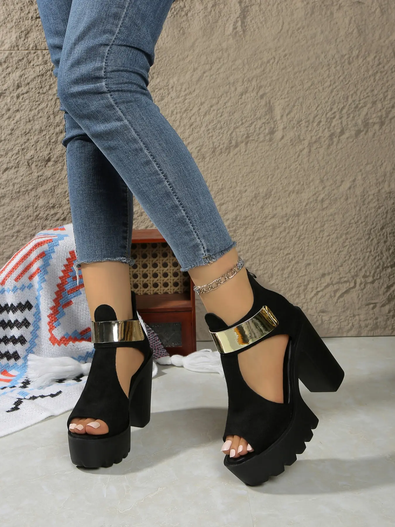 ✨Suede Platform Heels, Buckle Peep Toe Sandals, Women's T-Strap Peep Toe Platform Sandals, Chunky Block Heel Lug Sole, Fashion, Thick Block Heels