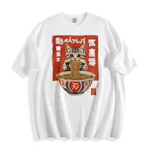Casual Style Unisex T-Shirt Cat Eating Ramen Japanese Art Design Summer Wear Gift For Food Lovers And Anime Fans