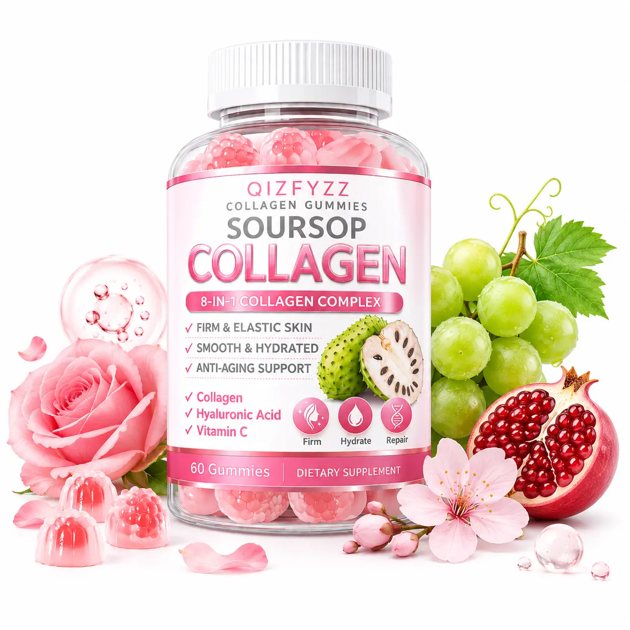 Soursop Collagen Gummies 8-in-1 Beauty Complex, Collagen Blend with Hyaluronic Acid, Vitamin C & Antioxidants, Skin Hydration & Firmness Support, Vegan, Non-GMO, 60 Gummies