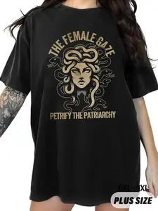 【Plus Size】 Letter & Medusa Print Round Neck Tee, Fashion Casual Crew Neck T-Shirt for Daily Outdoor Wear, Women Plus Clothing for Summer, Top