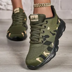 Women's Camouflage Running Shoes Army Green Lightweight Breathable Durable Fabric Fashionable Lace Up Design Suitable For Outdoor Activities Closed Toe Slip-Resistant Work Shoes Footwear Girl Bridal Worker