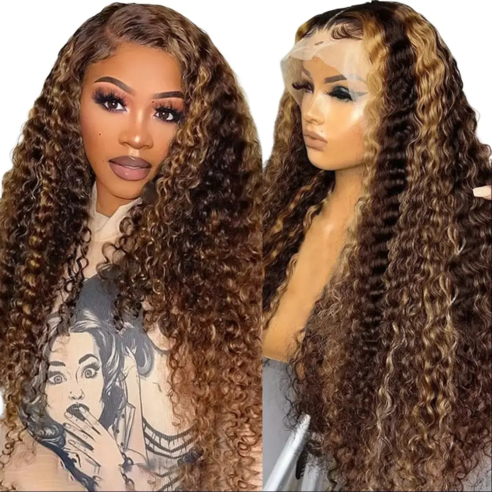 Deep Wave Lace Front Wig Human Hair, 30 Inch Honey Blonde 4/27 Ombre Highlight for Women, 13x6 HD Transparent Lace for a Natural Look, Wigs Human Hair, Human Hair Wig