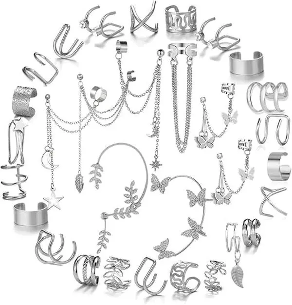 31pcs silver color alloy spiral cartilage ear clip wrapped earrings, men's and women's ear clip fake earring set