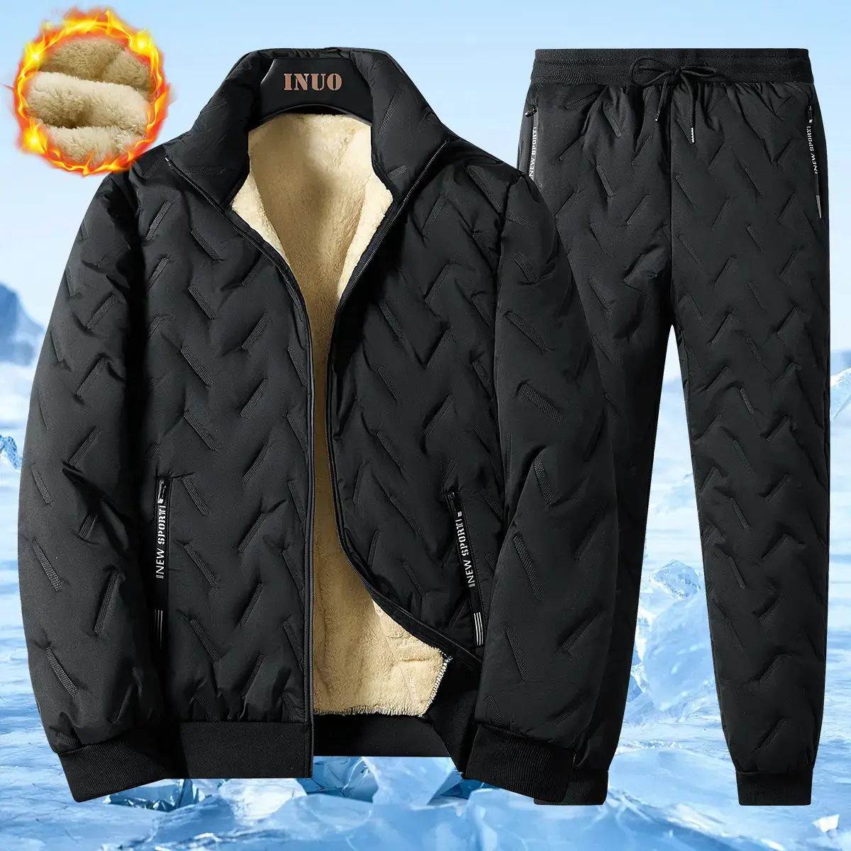 Men’s Stand Collar Fleece Warm Set – Full-body fleece lining, windproof and warm two-piece set, suitable for winter commuting, outdoor work, weekend outings, and casual occasions