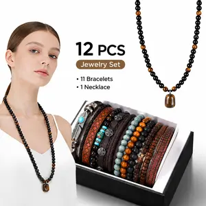12Pcs Unisex Jewelry Set: 11Pcs Chic Stackable Wooden Bead Bracelets & 1Pc Tiger Eye Stone Pendant Long Crystal Stone Beads Necklace Set Bohemian Multi-Layer PU Leather Woven Beading Bracelet Money Attraction 8mm Handmade Long Chain Necklace