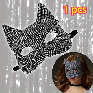 1PCS Cat Mask Half Face Masquerade Dress Up Breathable Black Glitter Diamond Encrusted Cat Girl Mask Suitable for Masquerade Party Birthday Party Halloween and Any Theme Party