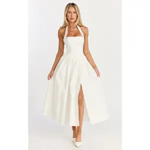Helda Midi Dress - Halter Tie Neck Corset Panel Dress in Off White
