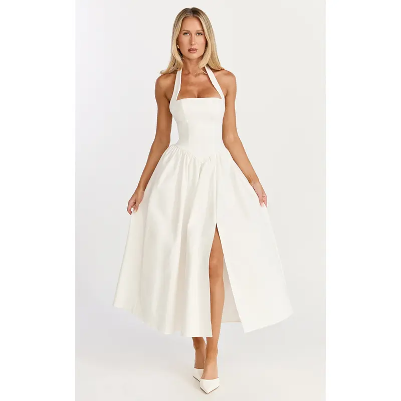 white christmas dresses Lace-Up Long Corset Prom Dress with Pearl Beads– PromGirl main image 1