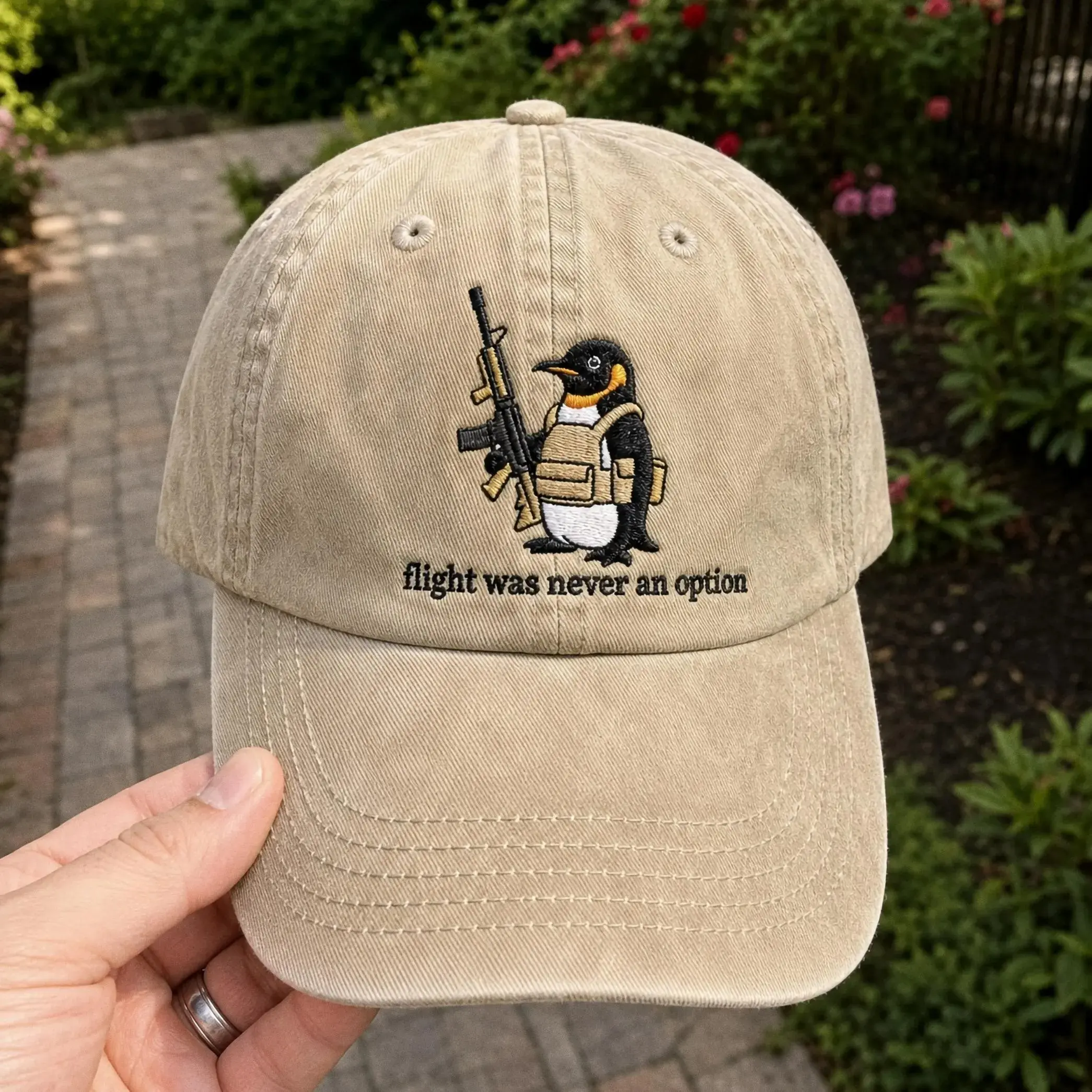 Embroidered Tactical Penguin Dad Hat - Vintage Wash, "Flight Was Never An Option" Funny Meme Cap, Sarcastic Gift For Him