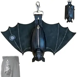 Handmade Leather Bat Coin Purse - Folding Wallet with Expandable Retractable Wings, Gothic Realistic Upside Down Bat Design, Zipper Pocket, Decorative Portable Keychain Accessory (1pc)