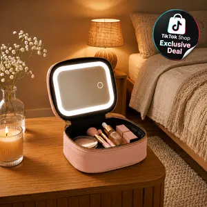 Mini Travel Makeup & Skin Care Bag with LED Light Mirror, Rechargeable Touch-Dimmable, Cosmetic Organizer Train Case, 3 Adjustable Brightness, Skin Care, Portable Toiletry Bag, Beauty Storage Pouch, Travel Cosmetic Bags, Gift, Summer Vibes, Summer