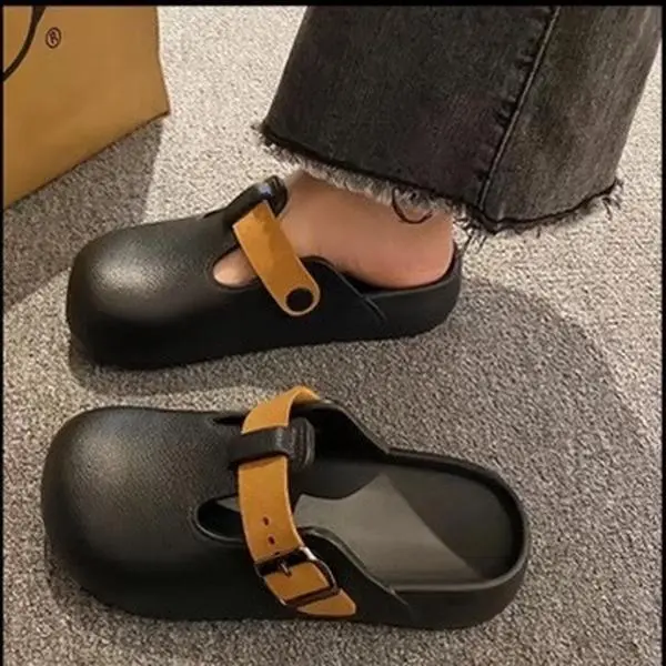 Unisex Solid Color Block Clogs with Adjustable Flat Buckle, Round Toe, Flat Design, Retro Fashion Footwear for Men and Women Shoe Girl Classic Ballroom