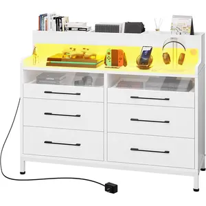 6 Drawer Dressers with LED Light, Dresser & Chests of Drawers with Charging Station, Modern Dresser with Open Shelf Storage for Room, Entryway, Hallway, White