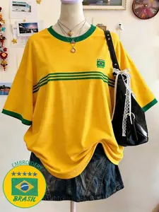 ADD2FIT Brazilian Digital Print Casual Oversized Mid-Length Round Neck Drop Shoulder Women T-Shirt, Gift For Friends