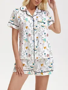 Women's Cartoon Floral Mushroom Plant Printed Pyjama Set, Pajamas Casual Fitted Loungewear Sleepwear for All Seasons, Spring Summer Short Sleeve Top & Elastic Shorts