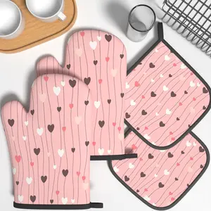 4pcs Oven Mitts And Potholders Pastel Pink Striped Heart Heat Resistant Oven Mitts And Pot Holders Sets Suitable For Grilling, Cooking, Baking, Broiling, Microwave And Kitchen Decoration Gifts