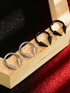 OUFER 16G 4Pcs Stainless Steel Long Spike Septum Piercing Ring Lip Piercing - Unisex Cartilage Helix Horseshoe Ring for Daily Wear, Black/Silver with 8mm/10mm/12mm Inner Diameter