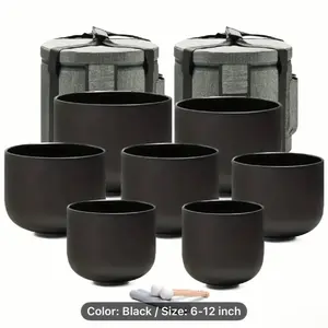 Black 432HZ  7PCS Set, Of 6-12 Inch Design Frosted Quartz Crystal Singing Bowls With Free 2 PCS Travel Carry Case Bag