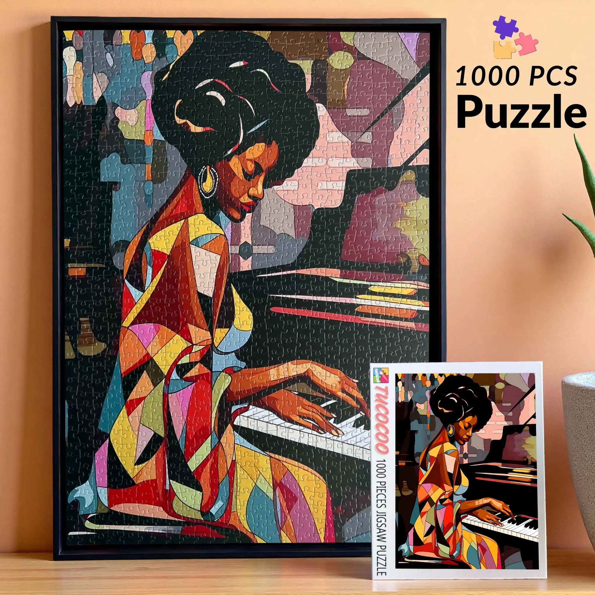Tucocoo Elegant Jazz Piano Lady 1000 Pieces Jigsaw Puzzle Vintage Music Art Colorful Geometric Portrait Relaxing Family Game Stress Relief Brain Challenge Stylish Wall Decor Thoughtful Mothers Day Gift for Mom Adults Seniors 27.5x20inch(70x50cm)
