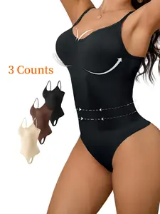 Women's Solid Color Crop Knitted Open Crotch Design Shapewear Bodysuit, Adjustable Strap Fitted Tummy Control Shaper, Women's Shapewear for Daily Wear, Compression