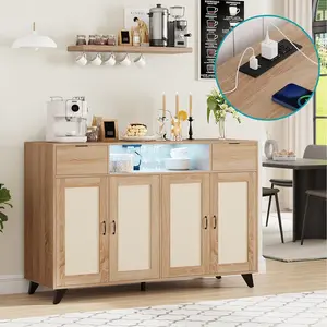 【Christmas Gift】Beige/Khaki Sideboard Buffet Cabinet, 47" Accent Storage Cabinet with 4 Rattan Doors & 2 Drawers Console Table Coffee Bar w/Power Outlet & LED Light Adjustable Shelves for Dining Living Room, Hallway
