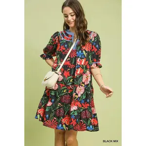 Umgee Floral Tiered Puff Sleeve Dress