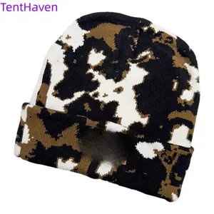 2026 Black and White Retro Fashion Cow Pattern Knitted Wool Hat for Autumn and Winter Couples, Versatile Leopard Pattern Cold Hat for Women