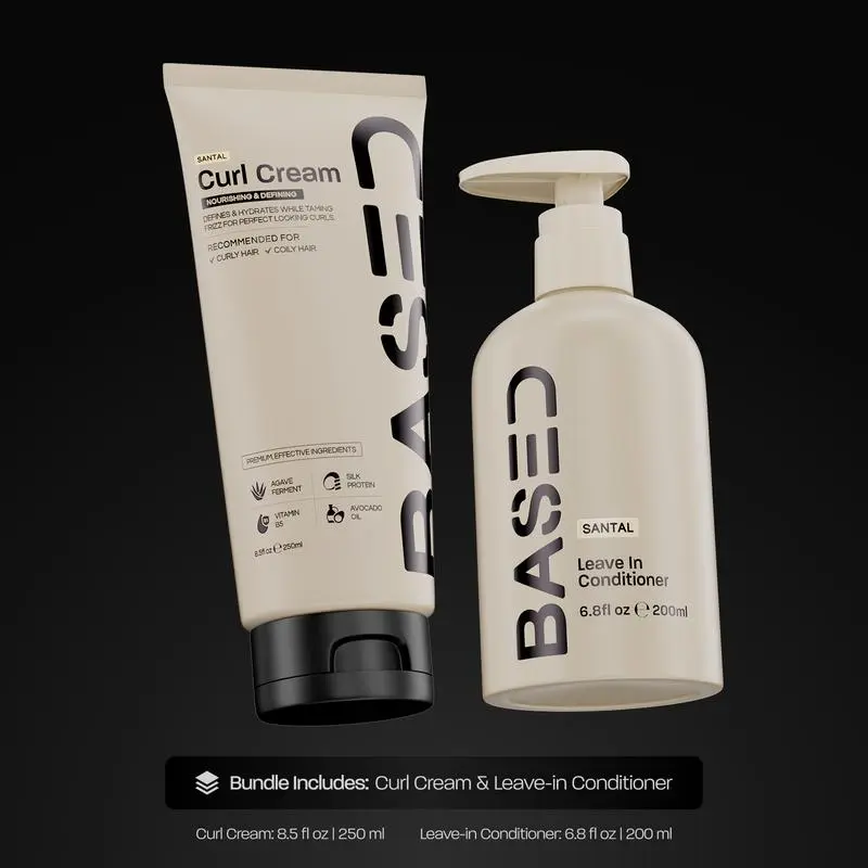 BASED Curly Duo: Premium Non-Toxic Curl Cream & Leave-In Conditioner Bundle - Defines Curls, Controls Frizz, Medium Hold with Agave & Silk Protein, Instant Hydration & Nourishment, No Harsh Chemicals