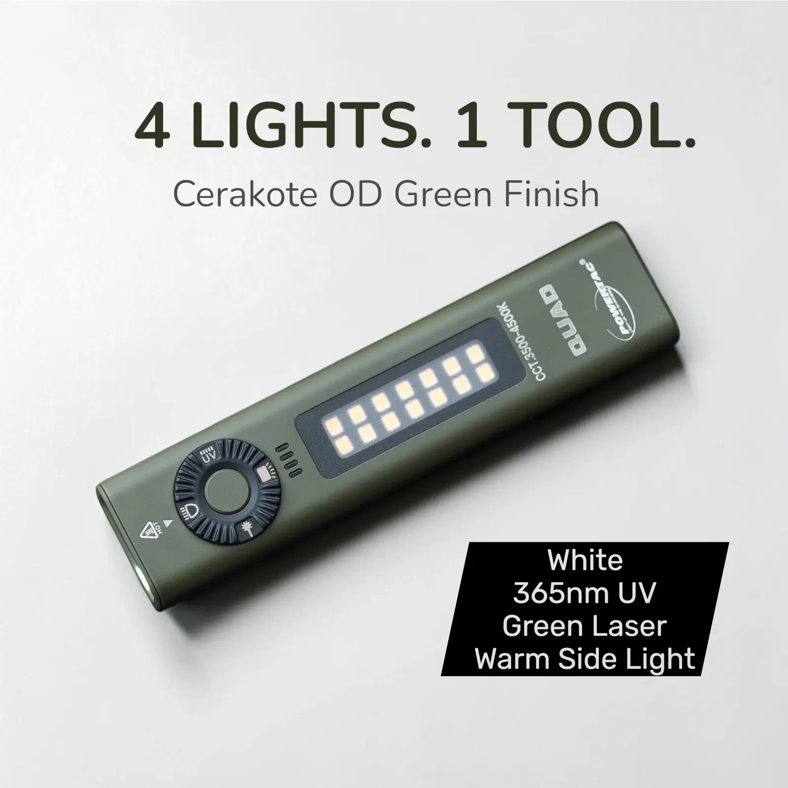 POWERTAC QUAD 2000 Lumen Flashlight | 4-in-1 Flat Design | USB-C Rechargeable | Green Laser + UV + Warm Side Light | Brightest Multi-Beam Tactical Light