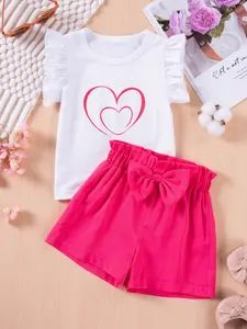 Girls Summer Fashion Set Heart Print Pleated Top Large Bow Shorts Two-Piece, Cute Fitted Regular Length, Casual Outfit Set