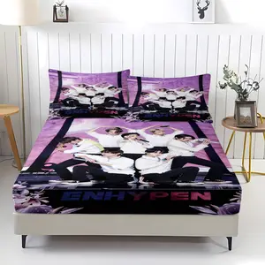 Korean boy band theme ENHYPEN album poster pattern printed bedsheet, anti slip dust cover suitable for bedroom decoration of adults, boys and girls, essential bedroom and dormitory decoration for fans, including 1 bedsheet and 2 pillowcases