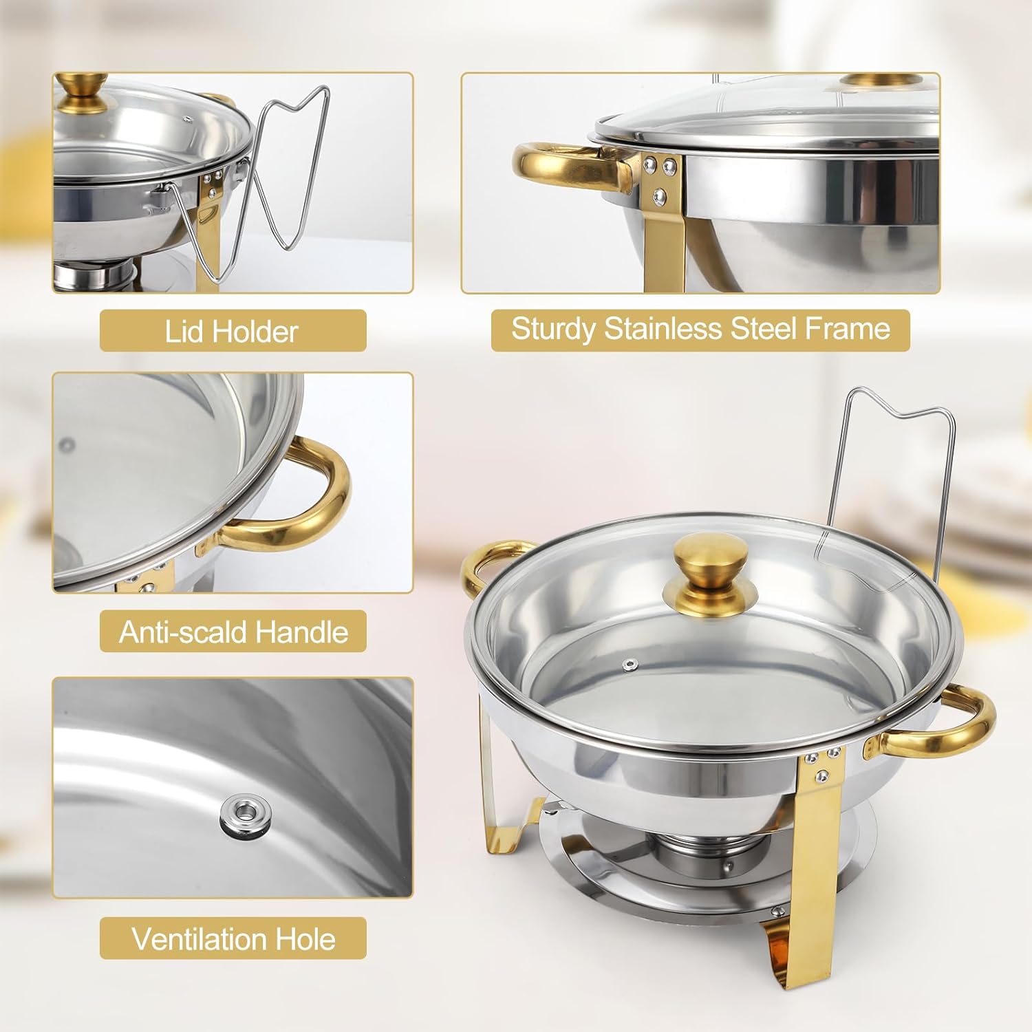 Chafing Dishes for Buffet 4 Pack, 5QT Round Chafing Dish Buffet Set with Visible Glass Lid Stainless Steel Buffet Food Warmers Sets for Wedding Party Banquet, Gold and Silver