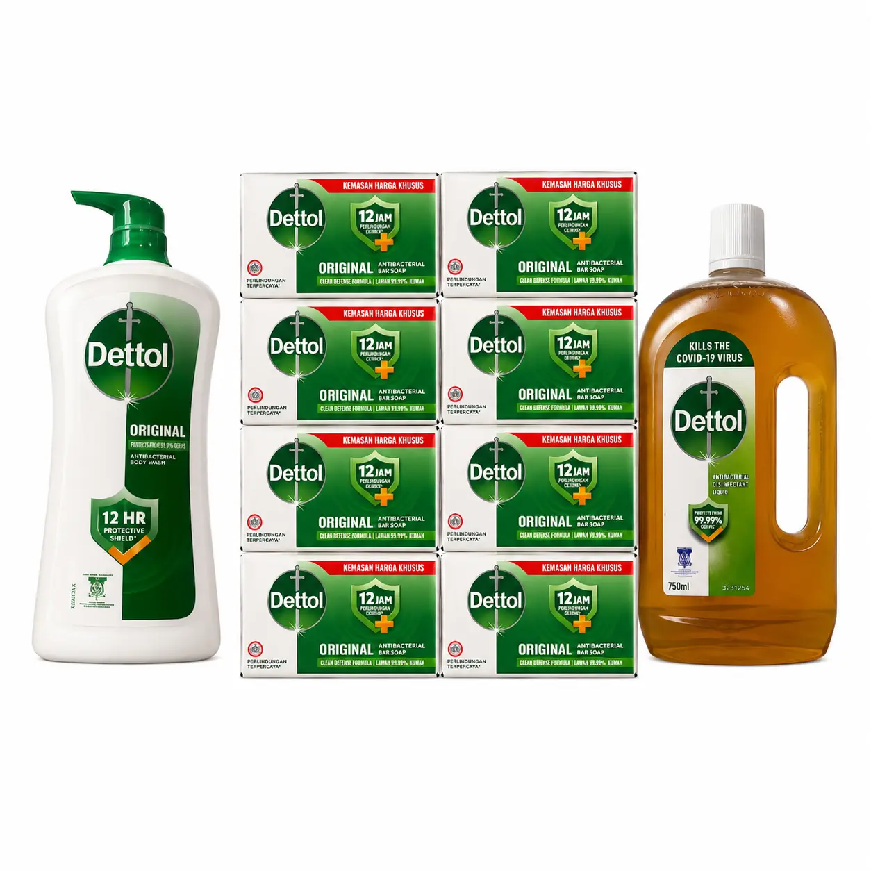 Dettol Original Liquid 750mL, Bodywash 900g & 8 Soap 100g Each
