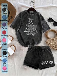 two-piece set women's harry potter print short sleeve t-shirt & shorts, casual fashion cozy shortsleeve tee & shorts for daily outdoor wear, ladies summer clothes, suits, womenswear