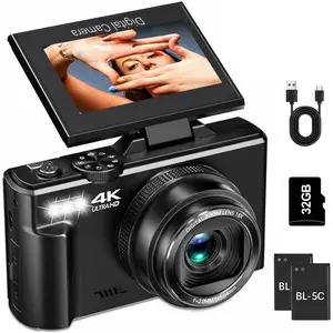 Meanlans 4K Digital Camera for Photography, 64MP Vlogging Camera for YouTube with 3" 180? Flip Screen, WiFi Compact Camera with 18X Digital Zoom, Comes with 32GB  SD Card and 2 , Black
