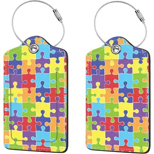 2 count Luggage Tags for Suitcase, Cute  PU Leather Travel Bag Tag with  Cover ID Label Address Card and Durable Metal Ring Suitable for Men Women  Backpack,Jigsaw